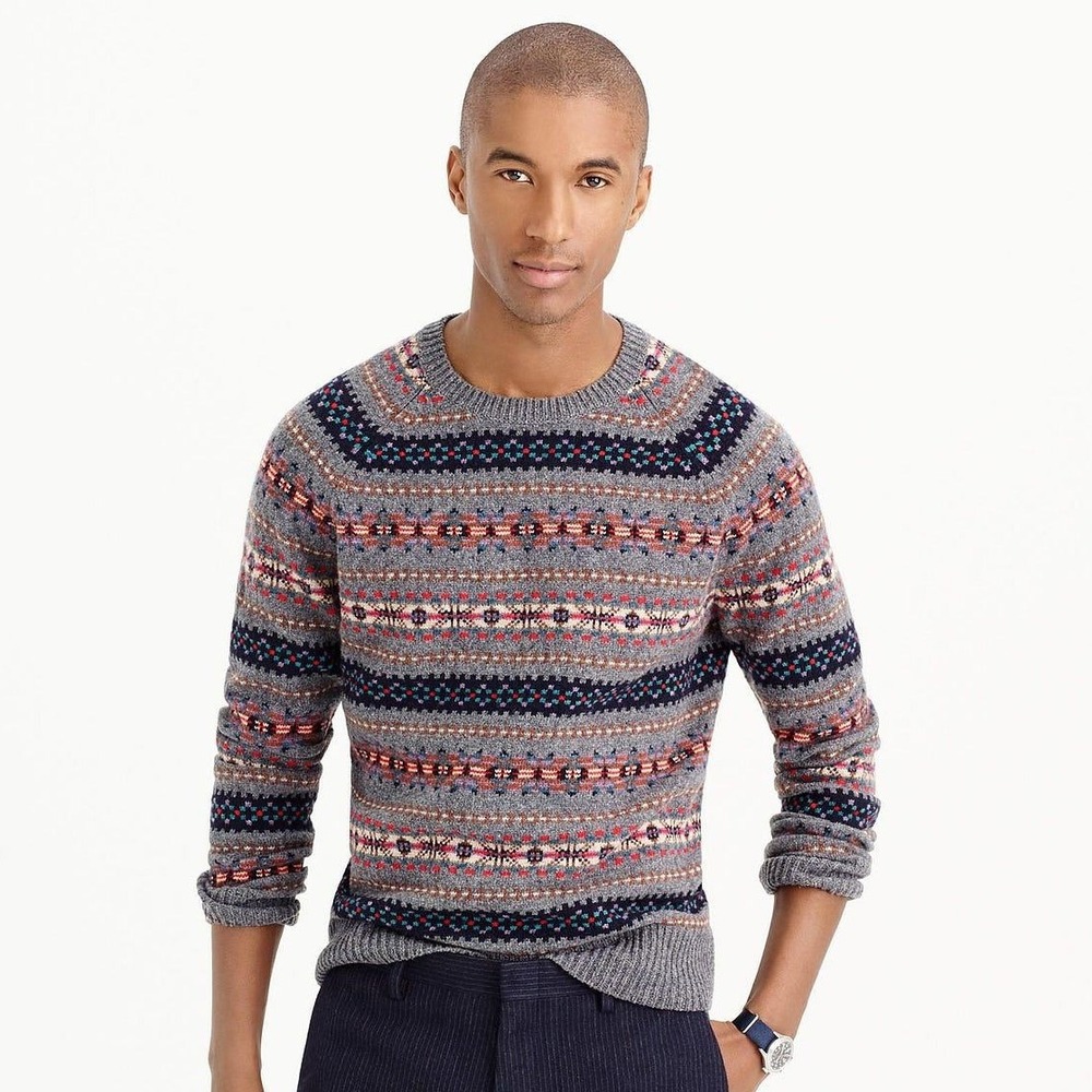 J.Crew Sweater Mens Large Gray Fair Isle Lambs Wool Nordic Crew Neck Pullover